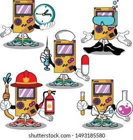 set retro game caracter cartoon mascot with holding clock nurse firefighter scientist diver