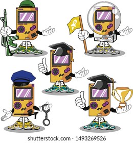 set retro game caracter cartoon mascot with soldier police graduate astronaut