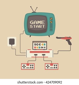set of retro game player and television