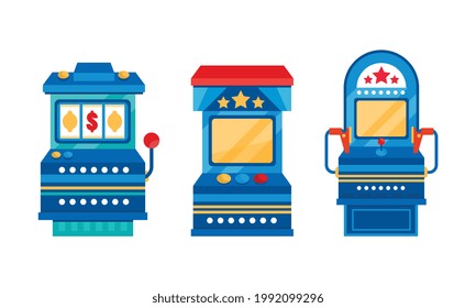 Set of Retro Game Slot Machines, One Armed Bandit, Gambling, Casino Concept Cartoon Vector Illustration