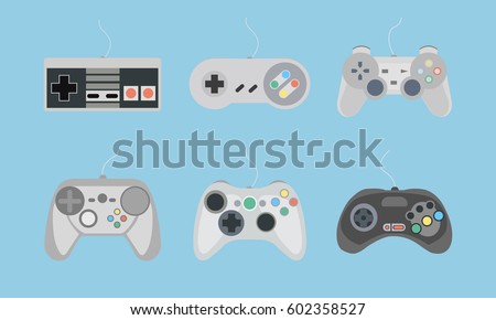 Set of retro gamepads and joysticks icons on blue background. Control console for video game. Vector illustration