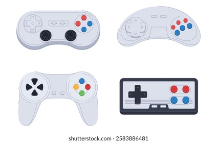 A set of retro gaming joysticks. Game consoles. Computer games and modern entertainment. Vector illustration