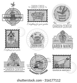 Set of retro garden center logotypes, emblems, labels, badges. Vintage stamps with hand drawn garden elements and removable background textures. 