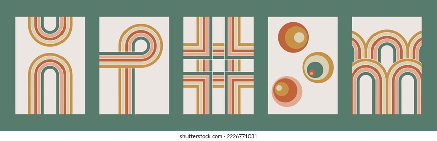 Set of retro geometric 70 s groovy wall decor prints. Abstract posters for modern esthetic interior. Vintage printable artwork. Line, arc and rainbow. Vector illustration in seventies style.