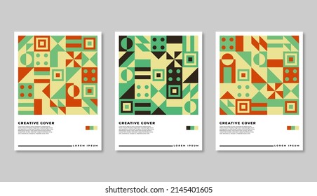 Satz geometrischer Retro-Abdeckungen. Abstrakte Formzusammensetzung. Farbiges neo-geometrisches Poster. Moderner abstrakter Werbe-Flyer-Hintergrund, Vektorgrafik-Set. 
