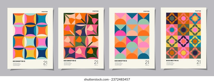 Set of Retro geometric pattern background. Creative covers or posters concept in modern bauhaus style for corporate identity, branding and social media advertising.