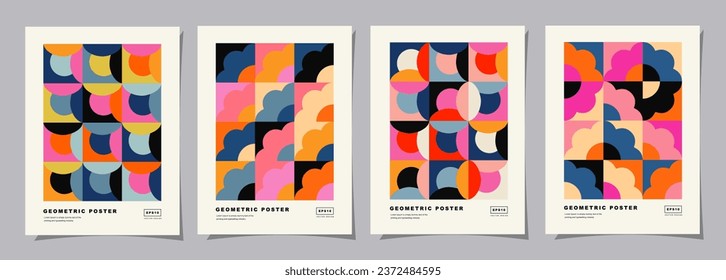 Set of Retro geometric pattern background. Creative covers or posters concept in modern bauhaus flower for corporate identity, branding and social media advertising.