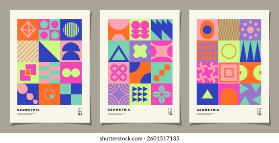 Set of Retro geometric pattern background. Creative covers or posters concept in modern bauhaus style for corporate identity, branding and social media advertising. Vector illustrations.