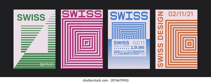 Satz geometrischer Muster-Abdeckungen für Retro. Kollektion von Schweizer Design-Postern. Abstrakter Quadrat-Formplatzierungen.