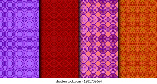 Set Of Retro geometric Pattern. Seamless Ornament. Arabesque. Vector Illustration. Purple Color. For Design, Invitation Wedding, Valentine's, Background, Wallpaper.