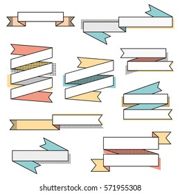 Set of retro geometric ribbons. Design elements: ribbons in 80s, 90s, memphis style for advertising, web site, flyers, brochures. Vector illustration.