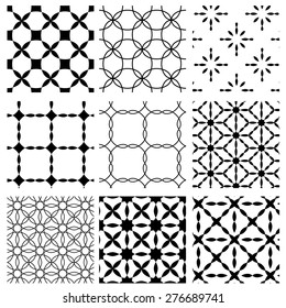 Set of retro geometric seamless pattern in monochrome color on white background