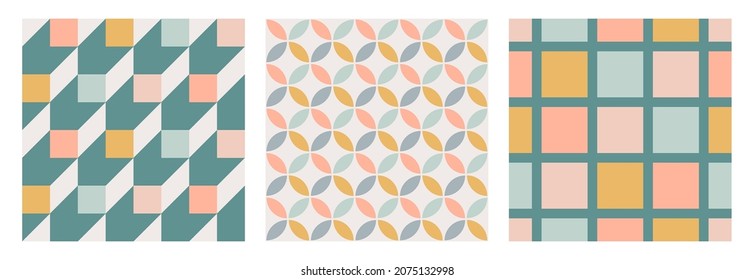 Set of retro geometric seamless patterns with circles, squares in natural colors in Bauhaus style. Abstract Simple Contemporary Trendy Mid Century Backgrounds. 