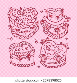 Set of Retro Girly heart-shaped Cakes in Groovy Coquette style with cherry and ribbon bows. Hand drawn linear doodle vector illustration,