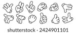A set of retro gloved hands. A fashionable set of stylish cartoon hands showing various gestures. Toy gloved hands two fingers, three fingers, thumbs up, cool. Funny pointers or icons