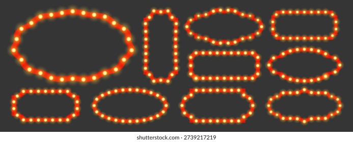 Set of retro glowing frames with light bulbs isolated on dark background for vintage signage, theater, carnival, holiday and promo design