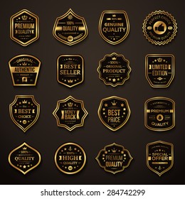 Set of Retro Gold and Black Premium Quality Badges and Labels. Vector Illustration. 
