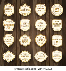 Set of Retro Gold Premium Quality Badges and Labels on Wooden Background. Vector Illustration. 