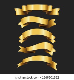 Set of Retro Gold Ribbons Vector Illustration. beautiful festive. tape banner flag bow. on black background
