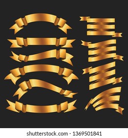 Set of Retro Gold Ribbons Vector Illustration. beautiful festive. tape banner flag bow. on black background