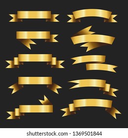 Set of Retro Gold Ribbons Vector Illustration. beautiful festive. tape banner flag bow. on black background