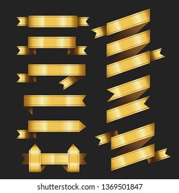 Set of Retro Gold Ribbons Vector Illustration. beautiful festive. tape banner flag bow. on black background