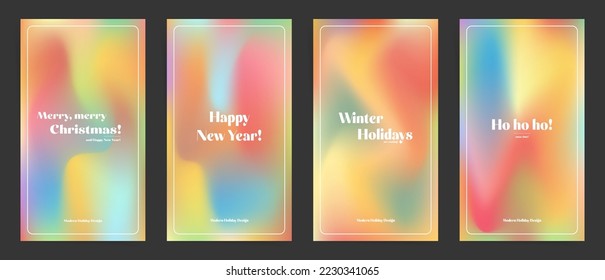 Set of retro gradient Christmas and New Year story templates in trendy groovy vintage design. 90s style mesh rainbow vector illustration post background.