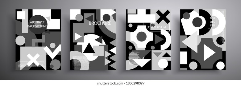 Conjunto de cubiertas de diseño retro gráfico. Resumen del fondo del patrón geométrico. Composiciones de estilo suizo blanco y negro para portadas de libros, carteles, volantes, revistas, informes anuales de negocios, álbumes musicales