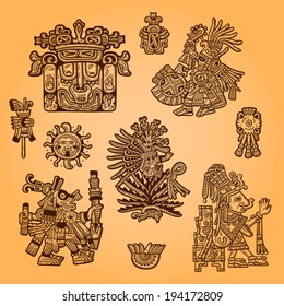 Set of retro graphic image of the Maya. Maya design element. Vintage engraving object.