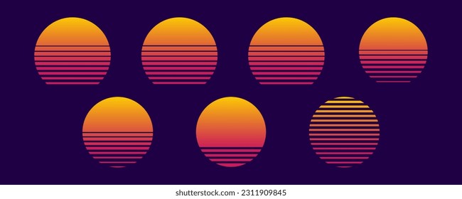 Set of retro graphics with sun dipped in sea. Sunset collection. 80s pack of vector sunsets. Elements for 80's and 90's posters, illustrations and web designs. - Shutterstock ID 2311909845