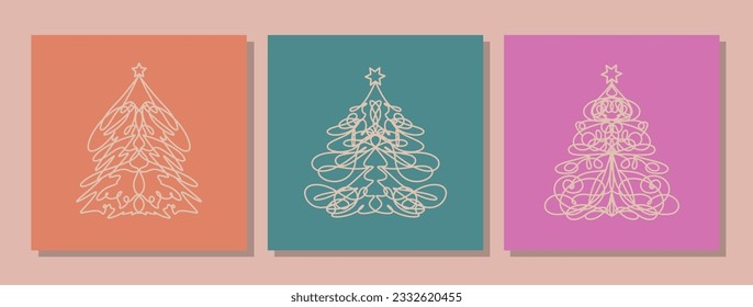 Set of retro greeting cards with christmas tree. Template with linear pine tree. Collection of fir trees. Geometric christmas trees. Square shape minimalist line art for social media. New year card