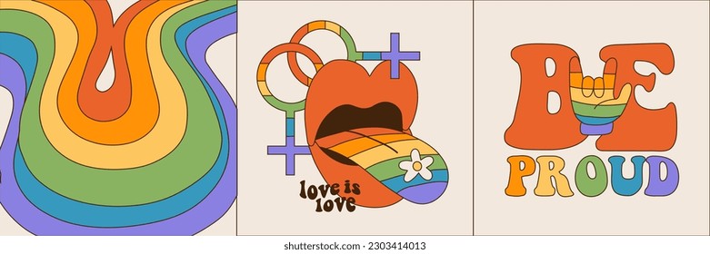 Set of retro greeting cards for LGBTQIA Pride Month 2023. Square Social media post. LGBT rainbow flag colors, word LGBTQ in heart shape face. Vector groovy illustration.