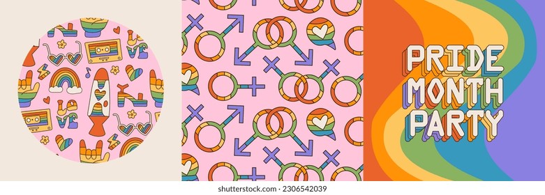 Set of retro greeting cards for LGBTQIA Pride Month and pattern background. Social media post in groovy queer retro style. LGBT rainbow flag colors, Pride minth party words. Vector eps10