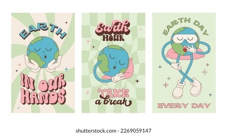 A set of retro Groove Earth Day posters. The jolly character cartoon Earth rests and sleeps, a creative concept. Editable stroke