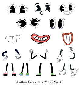 A set of retro groovy body parts. Arms, legs, eyes, mouth. Vector set of cartoon character elements