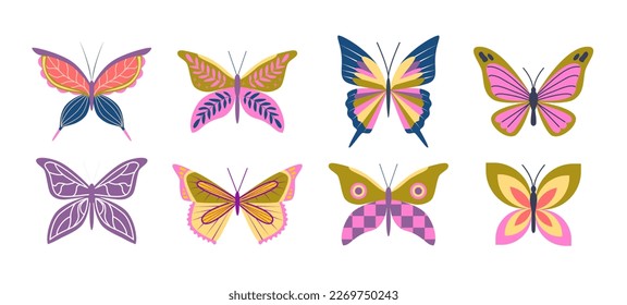 Set of retro groovy butterflies. 70s Hippie psychedelic concept. Stickers, prints, T-shirt design.