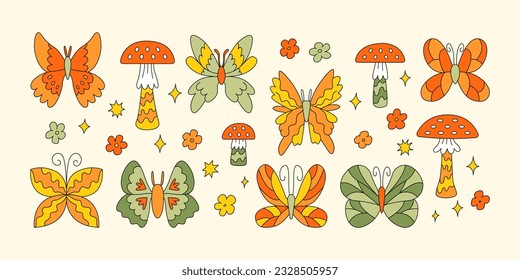 Set of retro groovy butterflies and mushrooms. Vector illustrtion in hippie, 1970 style