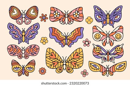 Set of retro groovy butterflies in trendy 60s 70s style. hand drawn linear vector illustration.