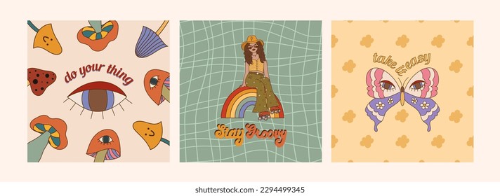 Set of retro groovy cards with typography slogan quote - do your thing, stay groovy, take it easy on floral background. Trendy 60s 70s psychedelic lettering design for poster, t-shirt vector