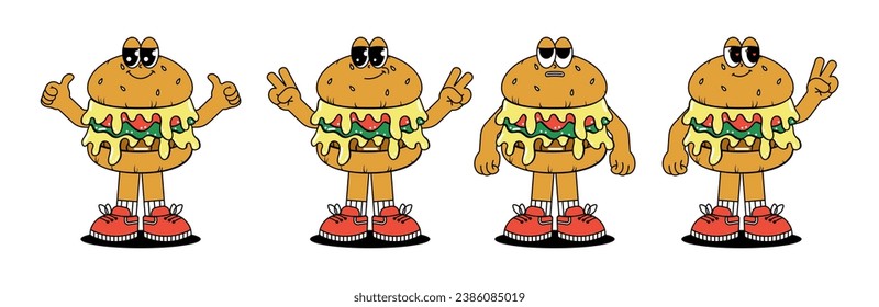 Set Retro groovy cartoon character Burger. Vintage mascot with psychedelic smile and emotion. Funky vector illustration
