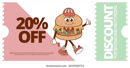 Set Retro groovy cartoon coupon, discount banner, gift voucher with character Burger. Vintage mascot with psychedelic smile. Funky vector illustration