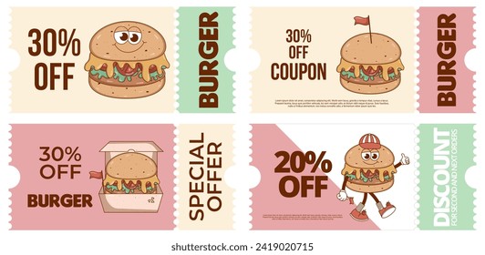 Set Retro groovy cartoon coupon, discount banner, gift voucher set with character Burger. Vintage mascot with psychedelic smile. Funky vector illustration