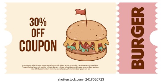 Set Retro groovy cartoon coupon, discount banner, gift voucher with character Burger. Vintage mascot with psychedelic smile. Funky vector illustration