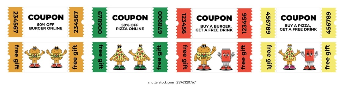 Set Retro groovy cartoon Gift Vouchers and Coupons with character Burger, Pizza and Drink. Vintage mascot with psychedelic smile and emotion. Funky vector illustration