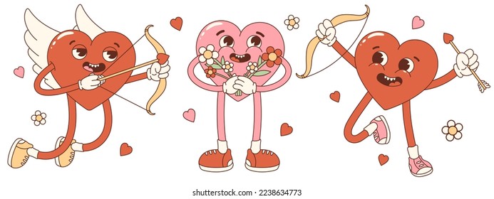 Con dibujos animados retro groovy, encantadores corazones. Día de San Valentín. Corazón cupido con arco y flecha, corazón con flores. Para afiches, tarjetas, impresiones y tc. Estilo retro de moda de los años 70. 