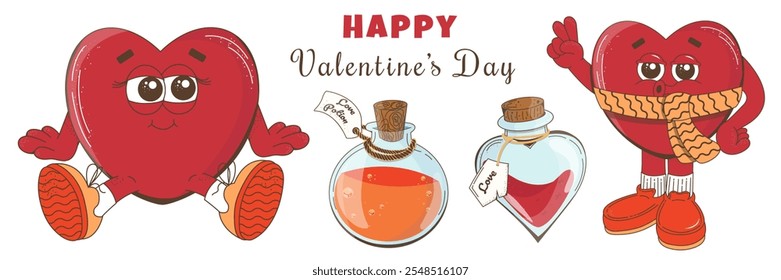 A set of retro groovy cartoon mascots in the form of a cute heart. Valentines Day cute character Line art isolated vector illustration.