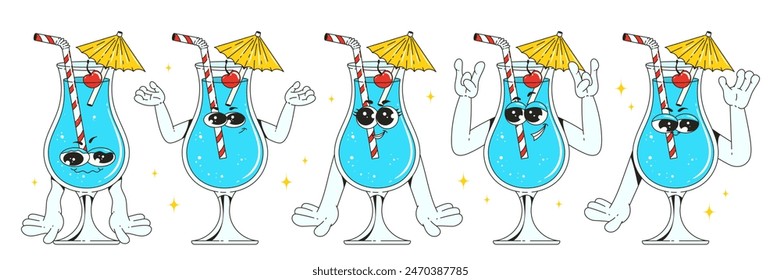 Set retro groovy characters blue lagoon cocktail. Funky characters with different poses and emotions. Vintage design with a contemporary twist.
