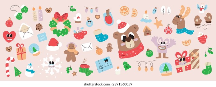 Conjunto de personajes retro groovy y objetos de dibujos animados. Feliz Navidad y Feliz Año Nuevo en el moderno estilo y2k. Vector