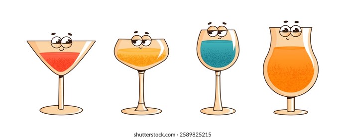 Set retro groovy characters cocktail. Funky alcoholic or nonalcoholic drink. Vintage vector illustration 70s, 80s style on transparent background for pub, bars, cafe, restaurant