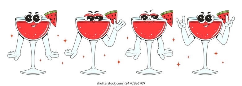 Set Retro groovy Charaktere kosmopolitischen Cocktail. Funky Charaktere mit verschiedenen Posen und Emotionen. Klassisches Design mit zeitgenössischem Touch.